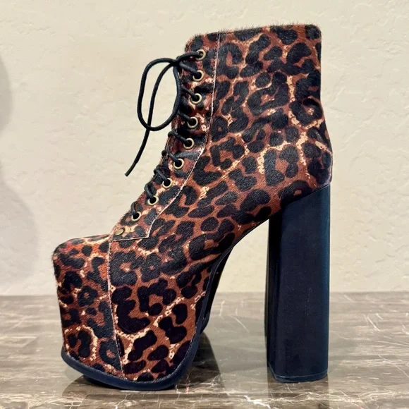Jeffrey Campbell Big Lita Calf Hair Leather Leopard Print Platform Booties
